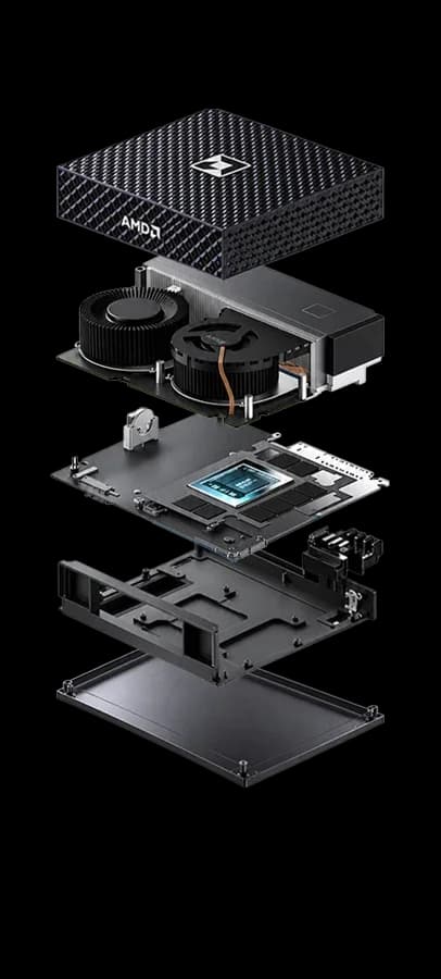نمای اجزای AMD Ryzen AI Halo شامل بدنه و مجموعه خنککننده