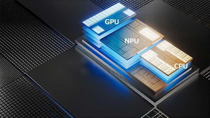 نمای مفهومی CPU، GPU و NPU در یک تراشه برای مقایسه اجزای پردازشی سیستم هوش مصنوعی